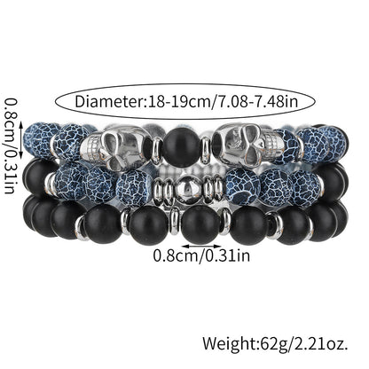 Retro Men's Hip Hop Stainless Steel Skull Bracelet Multilayer Stacked Wear Beaded Weathered Black Agate Bracelet Non-Fading
