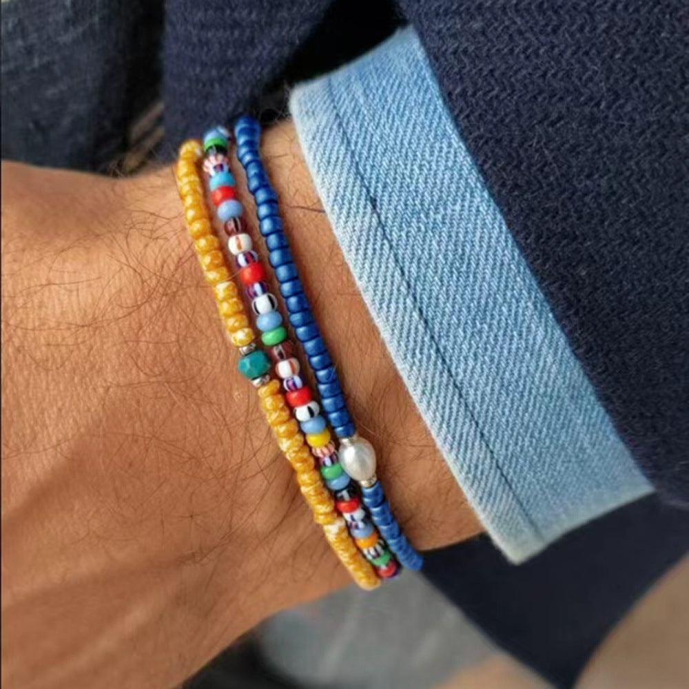 Bohemian vacation style elastic rice bead bracelet ins design sense niche contrasting colors stacked pearl men's bracelet