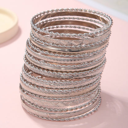 Cross-border hot-selling ethnic style metal bracelets for women, vintage stacked gold hammered pattern bracelet set of nineteen