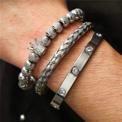 Diamond-encrusted stainless steel bracelet woven pineapple bead crown bracelet bracelet set C-shaped titanium steel open bracelet men