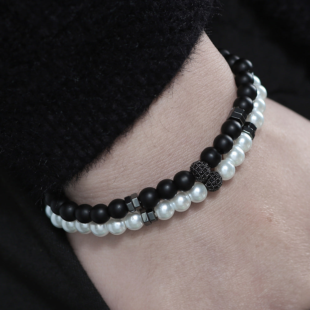 European and American hip hop Internet celebrity style 6mm black matte pearl bead bracelet set micro-inlaid zircon diamond ball elastic bracelet