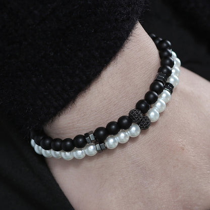European and American hip hop Internet celebrity style 6mm black matte pearl bead bracelet set micro-inlaid zircon diamond ball elastic bracelet