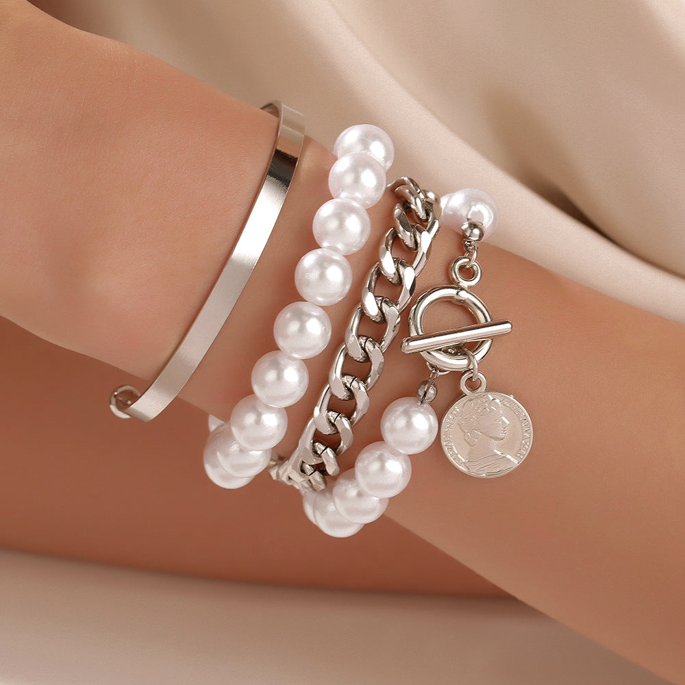 European and American cross-border hand jewelry sweet and cool multi-portrait imitation pearl bracelet set personalized NK Cuban chain jewelry women