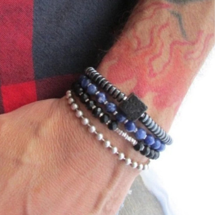 Cross-border retro men's bracelets, European and American fashion trends, stacked beaded bracelets, black agate, black gallstone pearl bracelets.