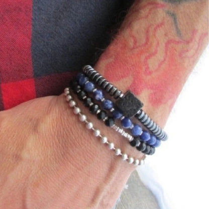 Cross-border retro men's bracelets, European and American fashion trends, stacked beaded bracelets, black agate, black gallstone pearl bracelets.