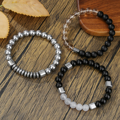 Cross-border hot-selling black gallstone handmade beaded bracelet men's simple and fashionable men's commuting stacked bracelet factory direct sales