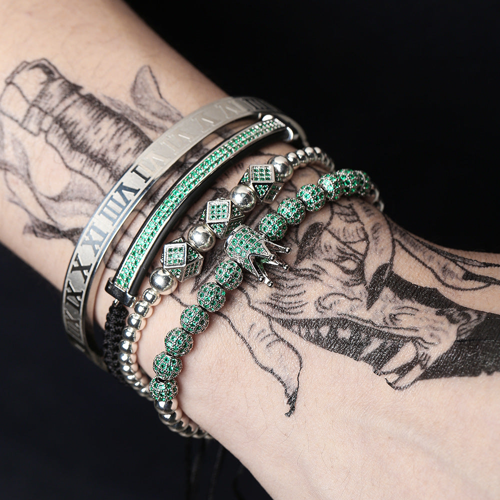 European and American men's micro-inlaid zircon diamond ball crown bracelet, diamond bracelet set, stainless steel Roman bracelet four-piece set