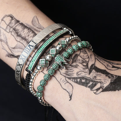 European and American men's micro-inlaid zircon diamond ball crown bracelet, diamond bracelet set, stainless steel Roman bracelet four-piece set