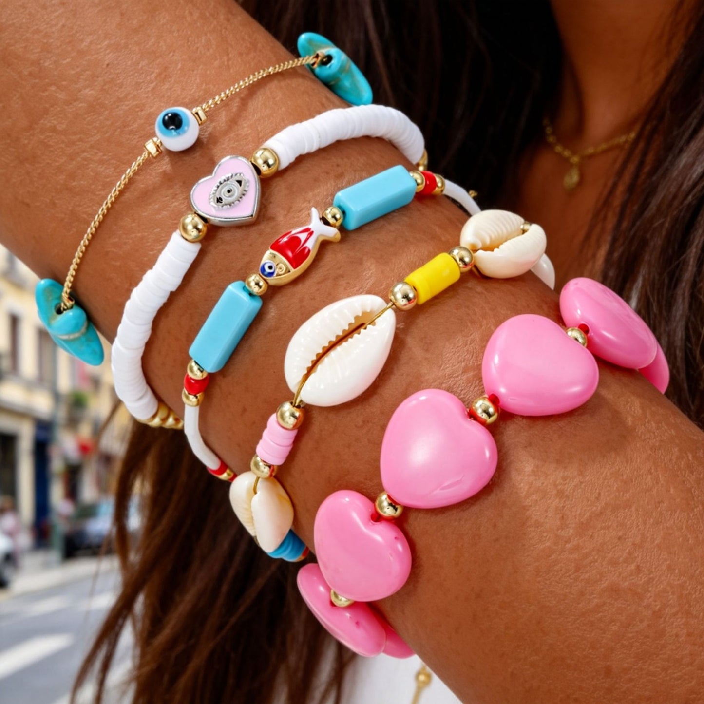 Bohemian vacation wind soft pottery shell beaded woven bracelet beach wind fish eyes turquoise starfish bracelet female