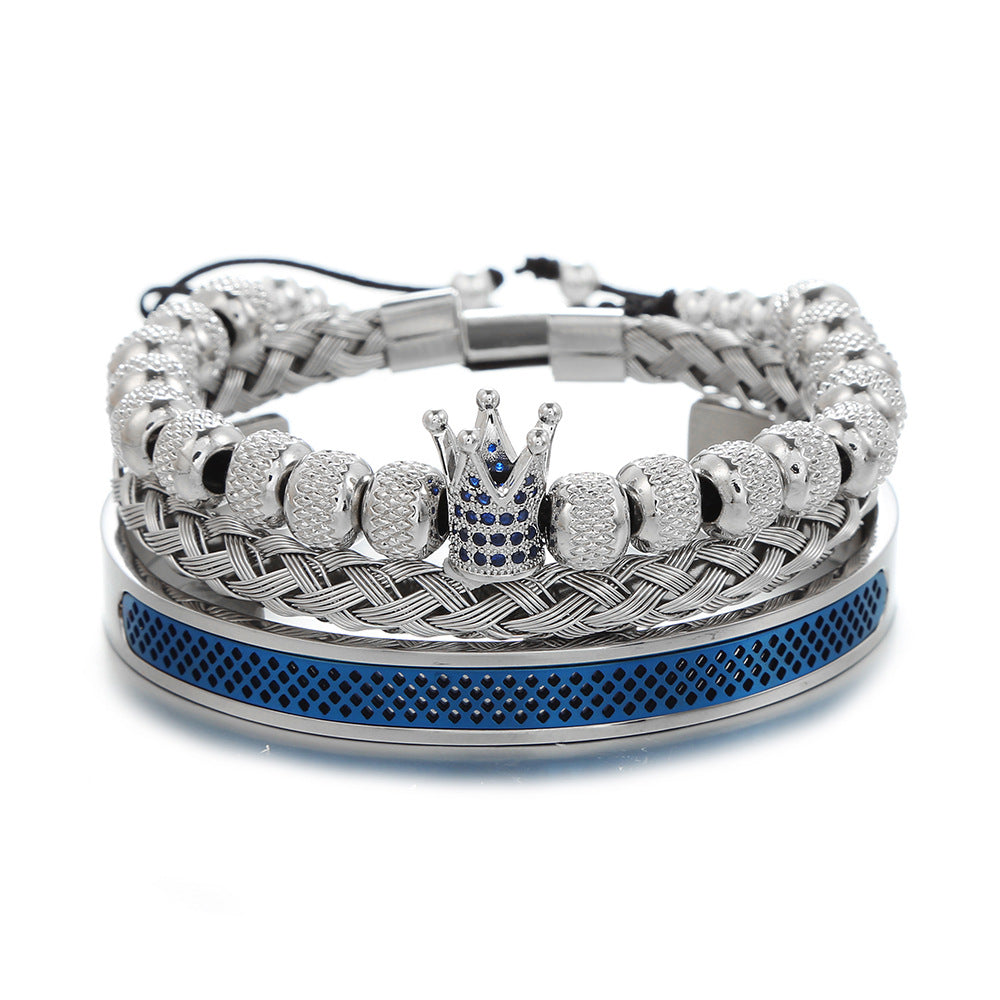 Cross-border new copper-inlaid zircon crown woven bracelet combination stainless steel grid opening titanium steel bracelet set men