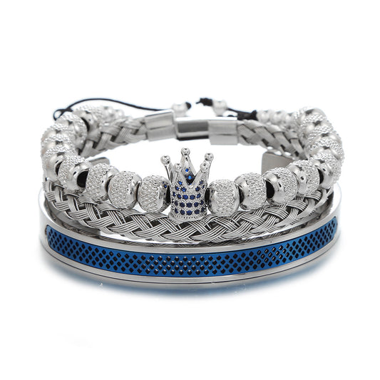 Cross-border new copper-inlaid zircon crown woven bracelet combination stainless steel grid opening titanium steel bracelet set men