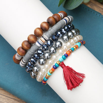Cross-border fashion bohemian glass bead wood bead pearl bracelet multi-layer elastic soft pottery bracelet combination set