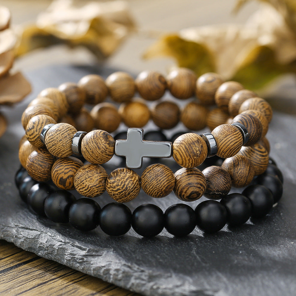 Cross-border natural semi-precious stone bead string men's bracelet volcanic stone wood bead spacer bracelet summer men's vacation jewelry