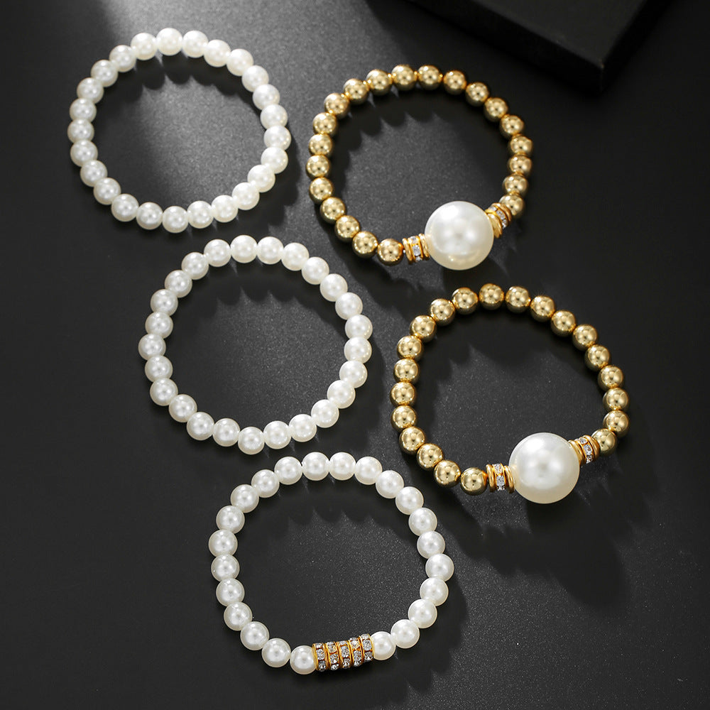 Cross-border new exaggerated imitation pearl bracelet women's multi-layer stacked diamond-encrusted creative jewelry hip-hop nightclub queen bracelet