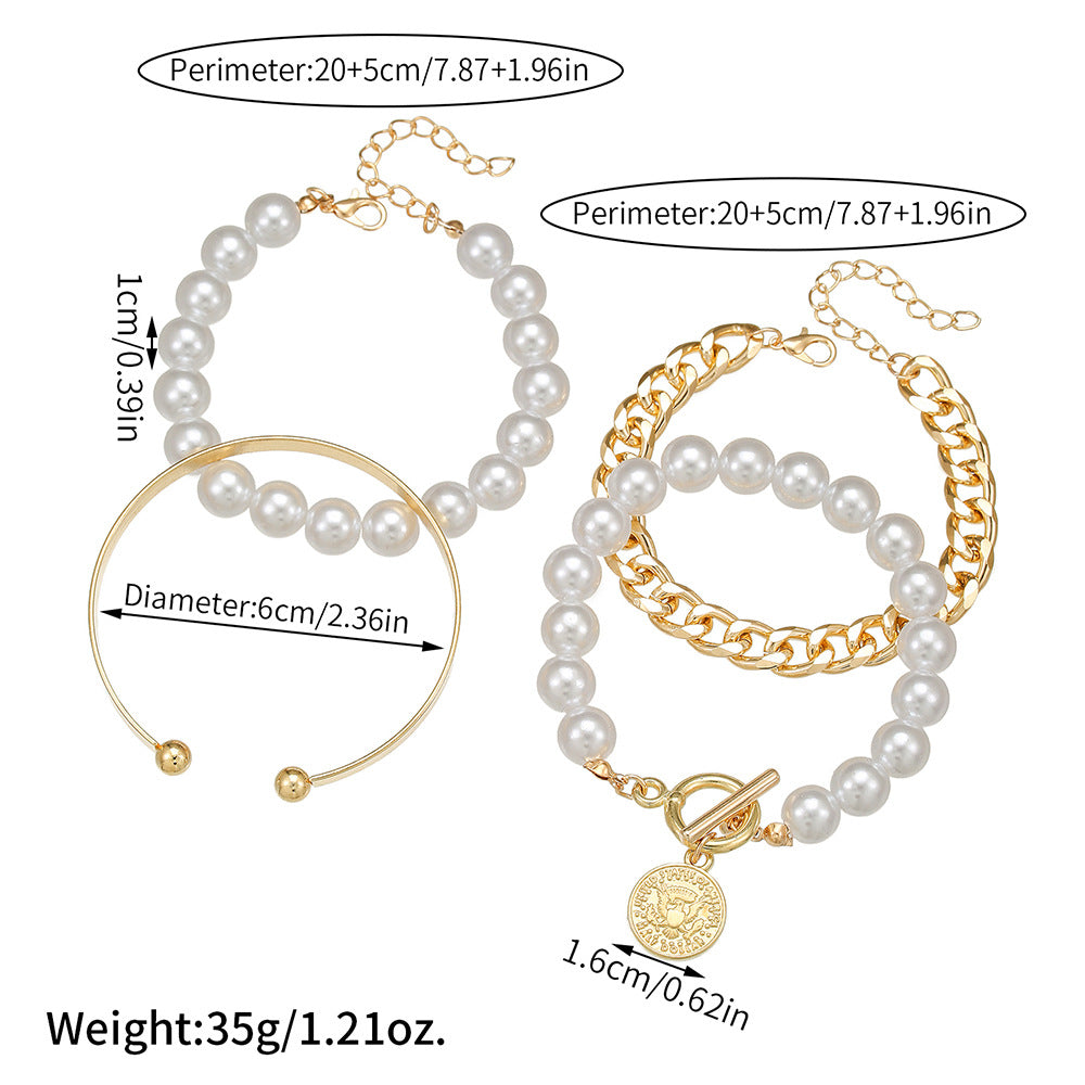 European and American cross-border hand jewelry sweet and cool multi-portrait imitation pearl bracelet set personalized NK Cuban chain jewelry women