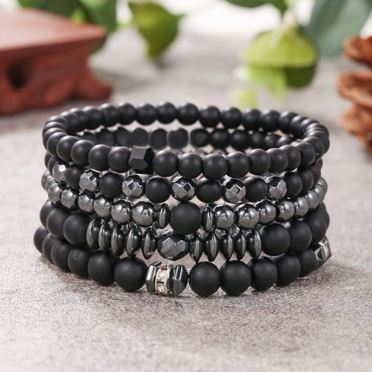 Cross-border explosive black matte black gallstone set bracelet hematite beaded men's 6/8mm bead bracelet 5-piece set