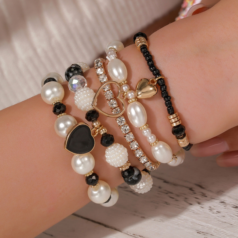 Cross-border European and American multi-piece bracelet handmade beaded pearl rhinestone bracelet female bohemian fashion love bracelet