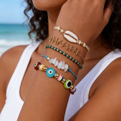 European and American Bohemian vacation bracelet set women's summer beach wind dopamine shell eyes rice bead bracelet women