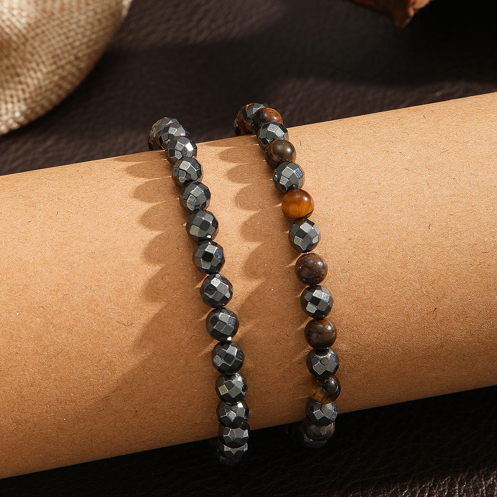 Irregular Cut Black Gallstone Elastic Beaded Bracelet Men's Business Bracelet Stacked Tiger's Eye Bracelet Men's Combination