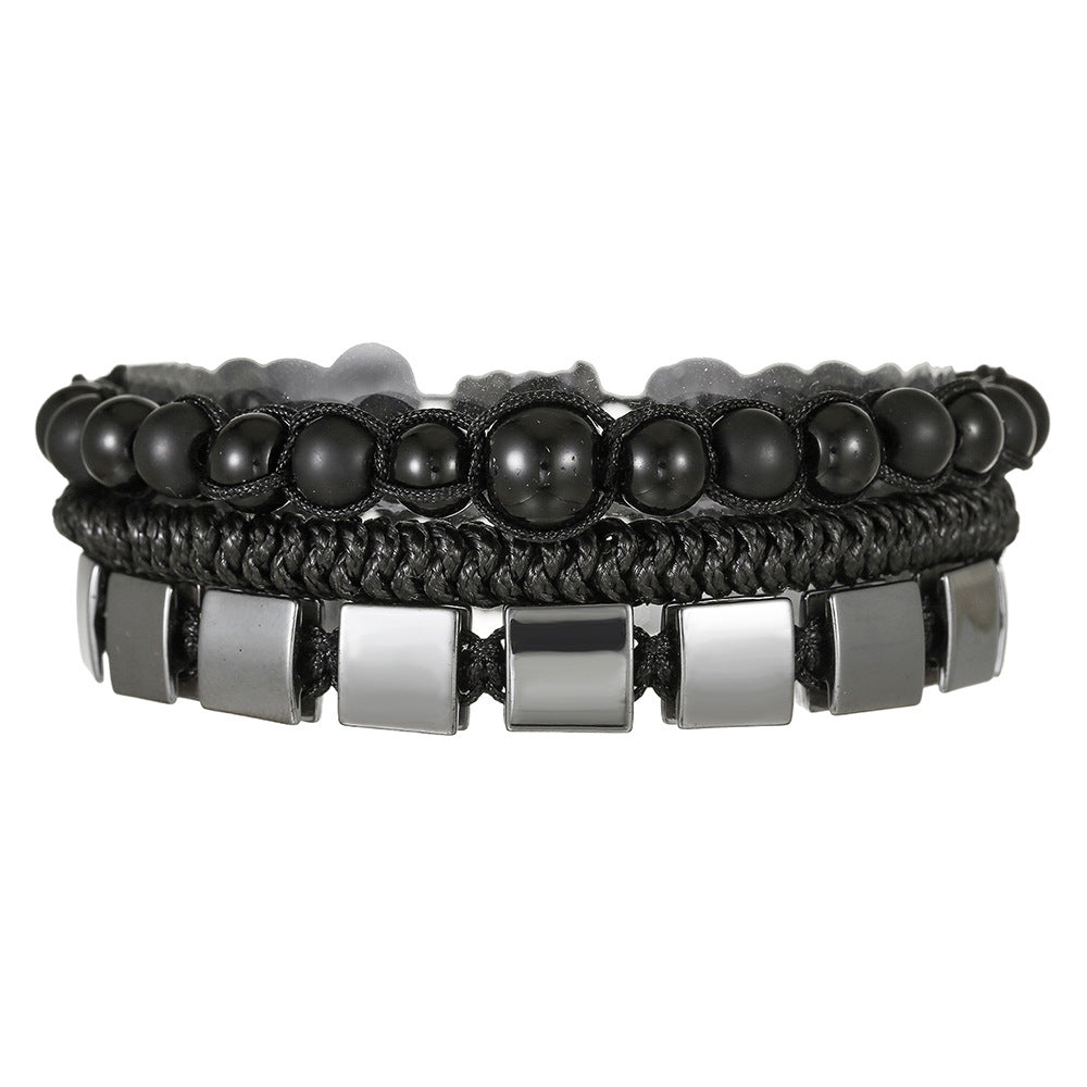 Cross-border hot-selling square black gallstone bracelet men's multi-strip stacking wear mix and match woven bracelet fashion beaded with jewelry men