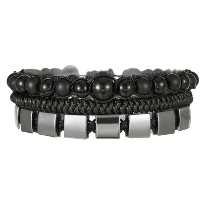 Cross-border hot-selling square black gallstone bracelet men's multi-strip stacking wear mix and match woven bracelet fashion beaded with jewelry men