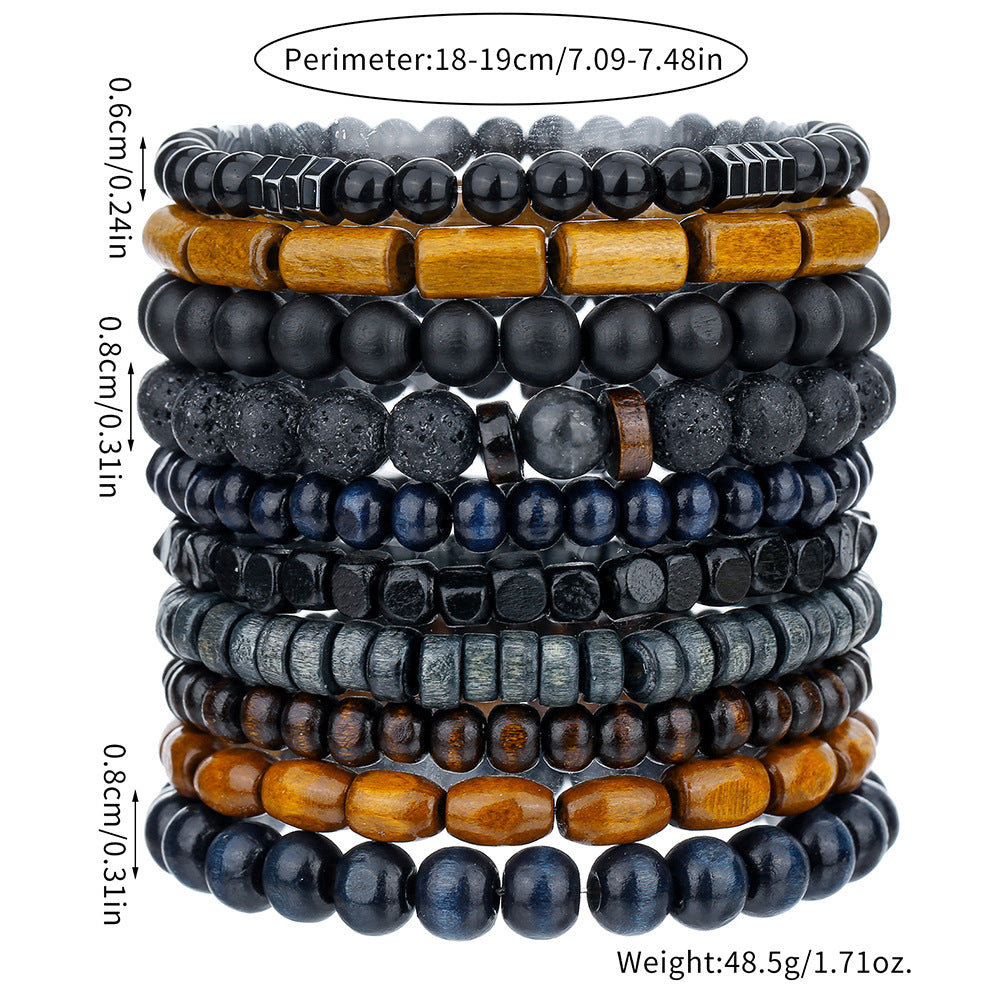 Europe and the United States cross-border hot-selling jewelry men's retro wood beads volcanic stone elastic bracelet versatile niche stacked bracelet cover