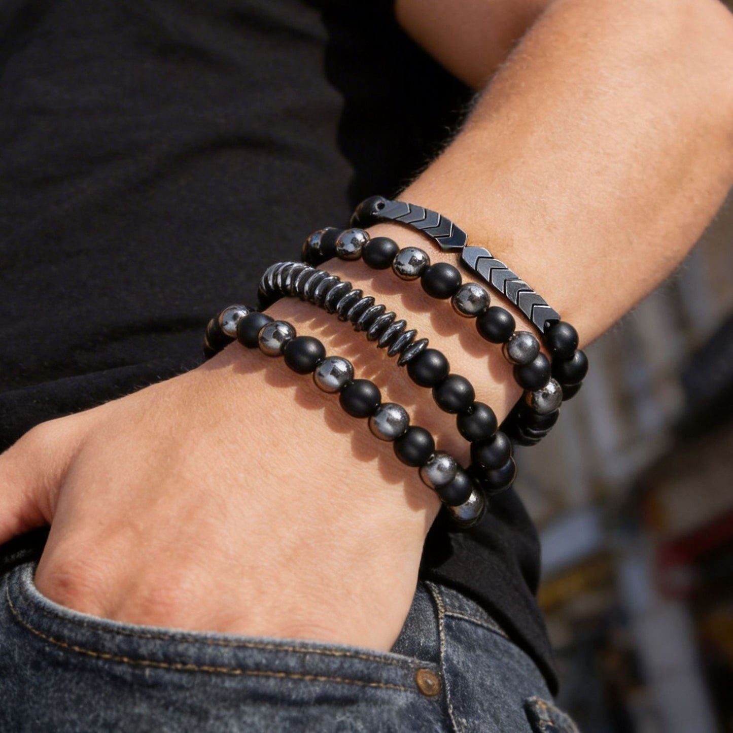 Cross-border new men's beaded bracelet set, black gallstone elastic bracelet, European and American style black combination bracelet wholesale.