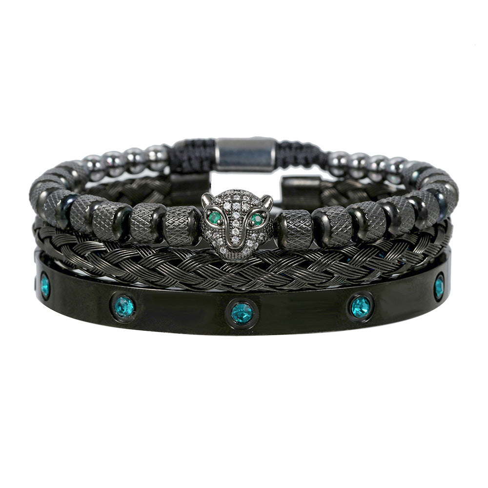European and American retro versatile zircon leopard head woven bracelet Roman letter woven stainless steel mesh bracelet set
