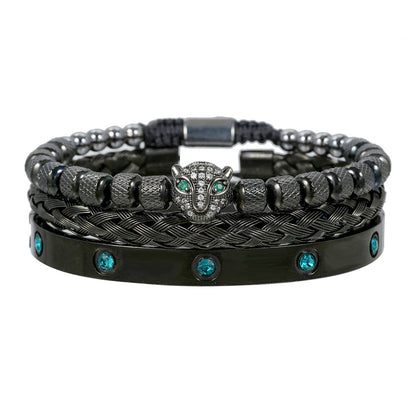 European and American retro versatile zircon leopard head woven bracelet Roman letter woven stainless steel mesh bracelet set