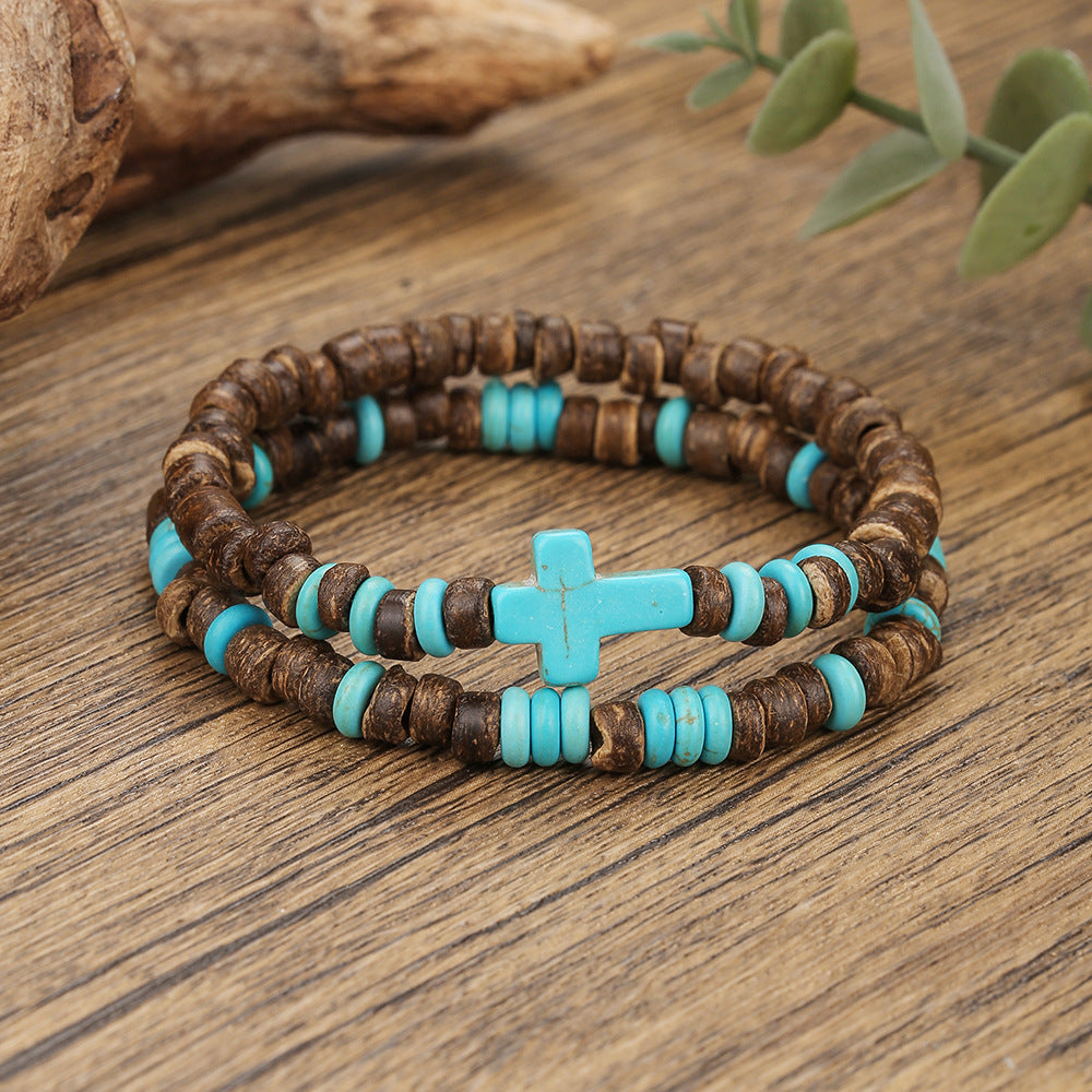 Cross-border hot-selling turquoise cross bracelet female bohemian multi-layer stacked wooden bead coconut shell bracelet couple bracelet
