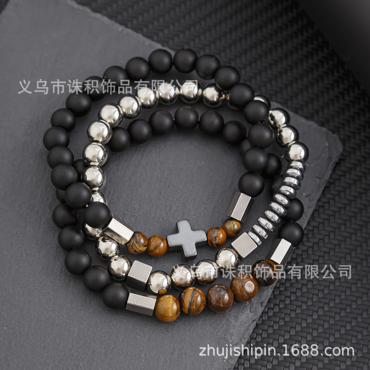 Irregular cut black gallstone broken silver tiger's eye stone elastic beaded bracelet men's business bracelet stacked bracelet