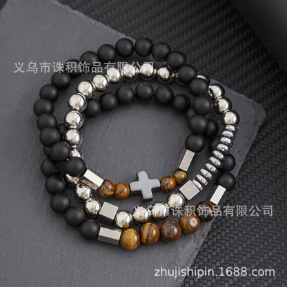 Irregular cut black gallstone broken silver tiger's eye stone elastic beaded bracelet men's business bracelet stacked bracelet