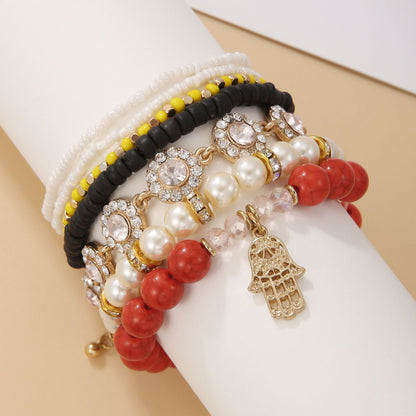 European and American turquoise bracelet Fatima palm diamond beaded wood bead bracelet Bohemian multi-layer pearl bracelet women