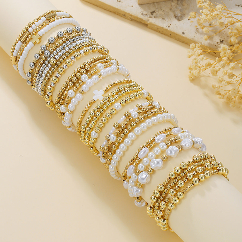 European and American cross-border jewelry niche design cross bracelet set sweet and cool beaded stacked shell pearl bracelet
