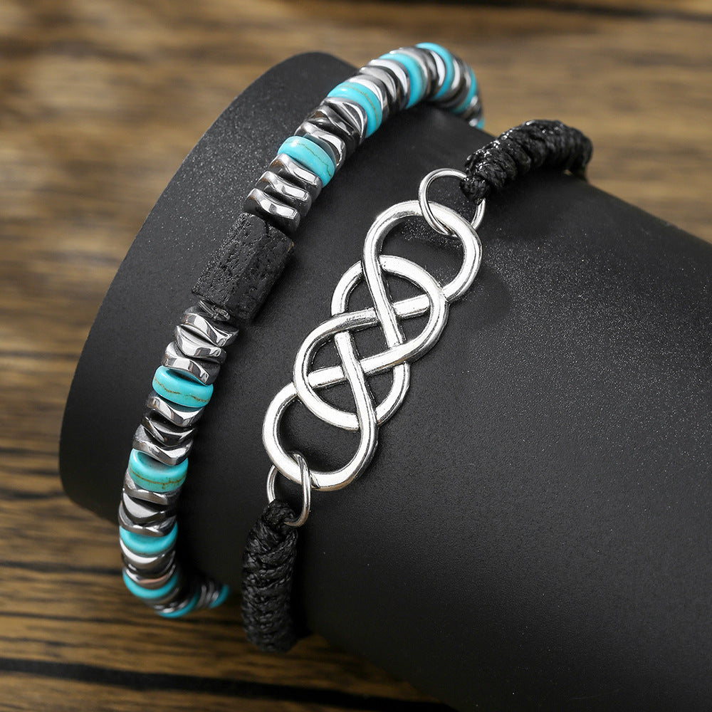 Fashion Vacation Style Double Layer Stacked Elastic Braided Bracelet Combination Men's Summer Vacation Turquoise Adjustable Bracelet