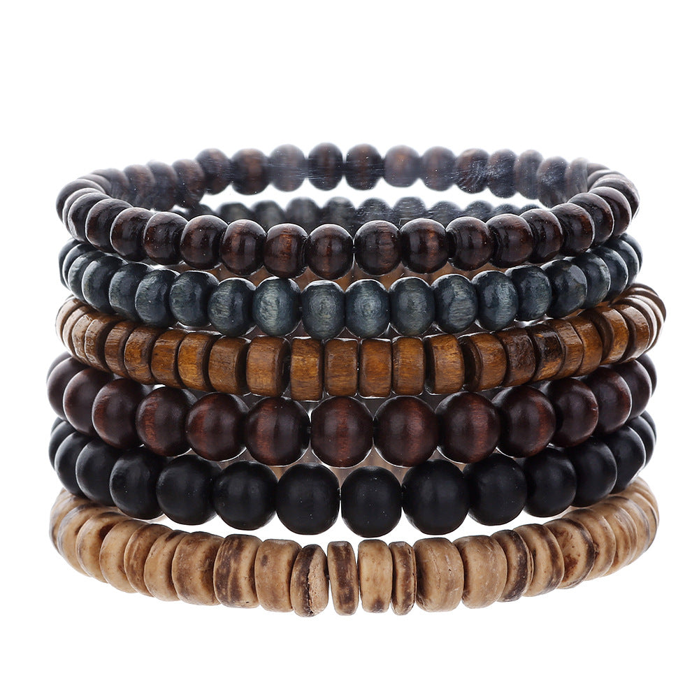 Cross-border hot-selling handmade beaded bracelet set men's retro style multi-layer elastic line wood bead coconut shell stone bracelet