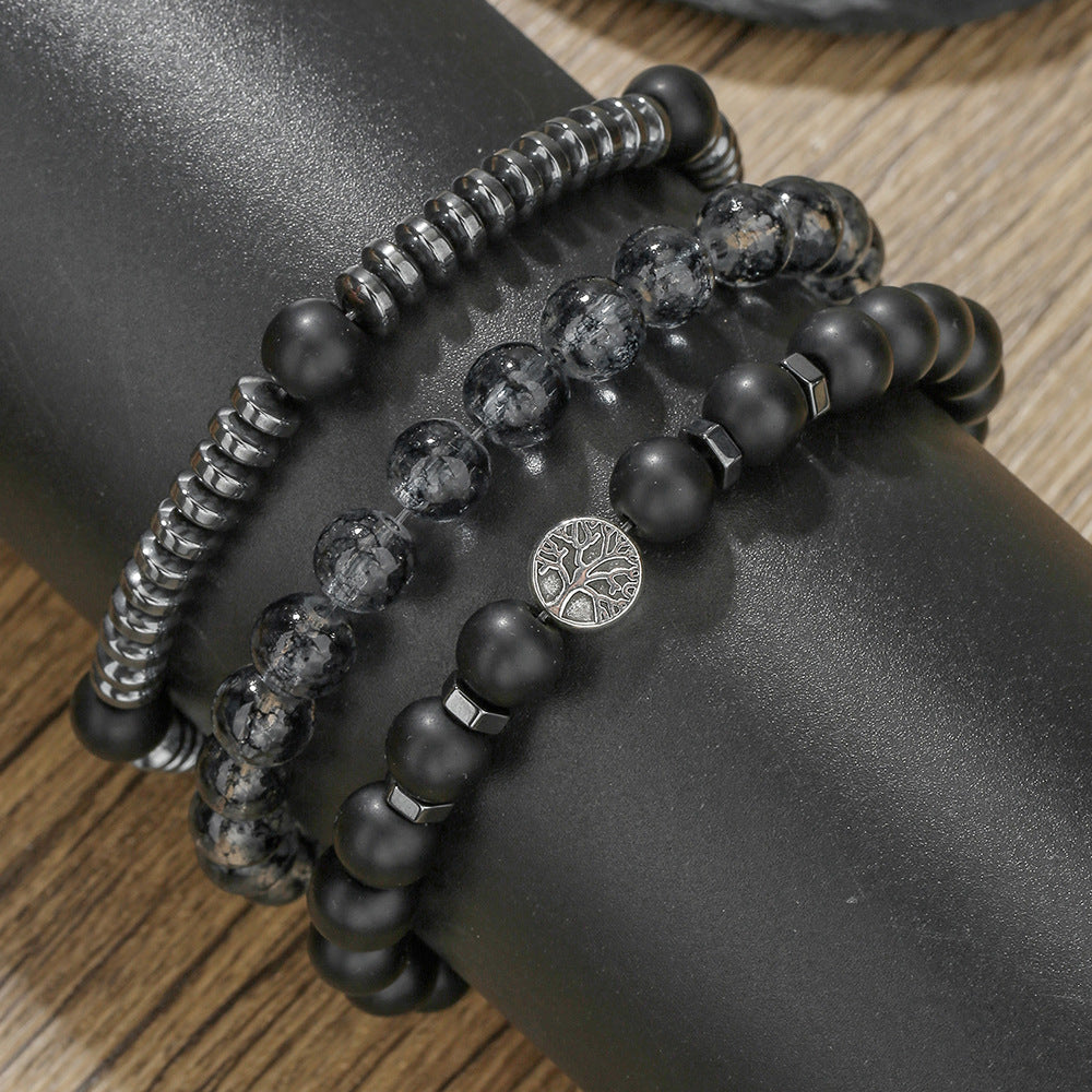 Cross-border new bohemian black gallstone matte bead bracelet set retro multi-layer stacked tree of life bracelet