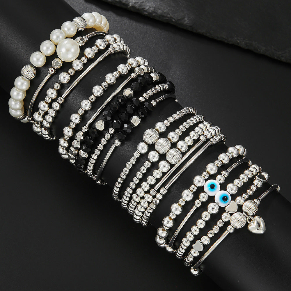 Silver Beaded Eyes CCB Pearl Crystal Bracelet Female Bohemian Stacked Elastic Bracelet Bracelet Combination