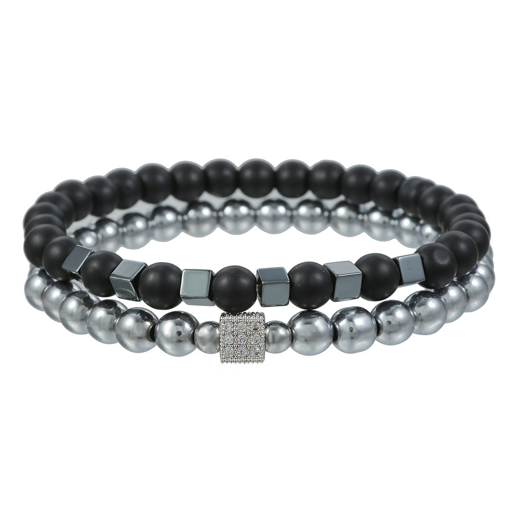 Cross-border new 8mm black matte black gallstone bracelet set copper micro-inlaid zircon square elastic bracelet bracelet men