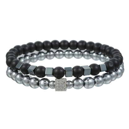 Cross-border new 8mm black matte black gallstone bracelet set copper micro-inlaid zircon square elastic bracelet bracelet men