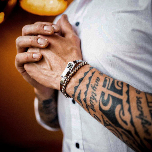 Cross-border stainless steel belt buckle bracelet, copper bead woven bracelet set of 2 bracelets, men's hip-hop bracelet.