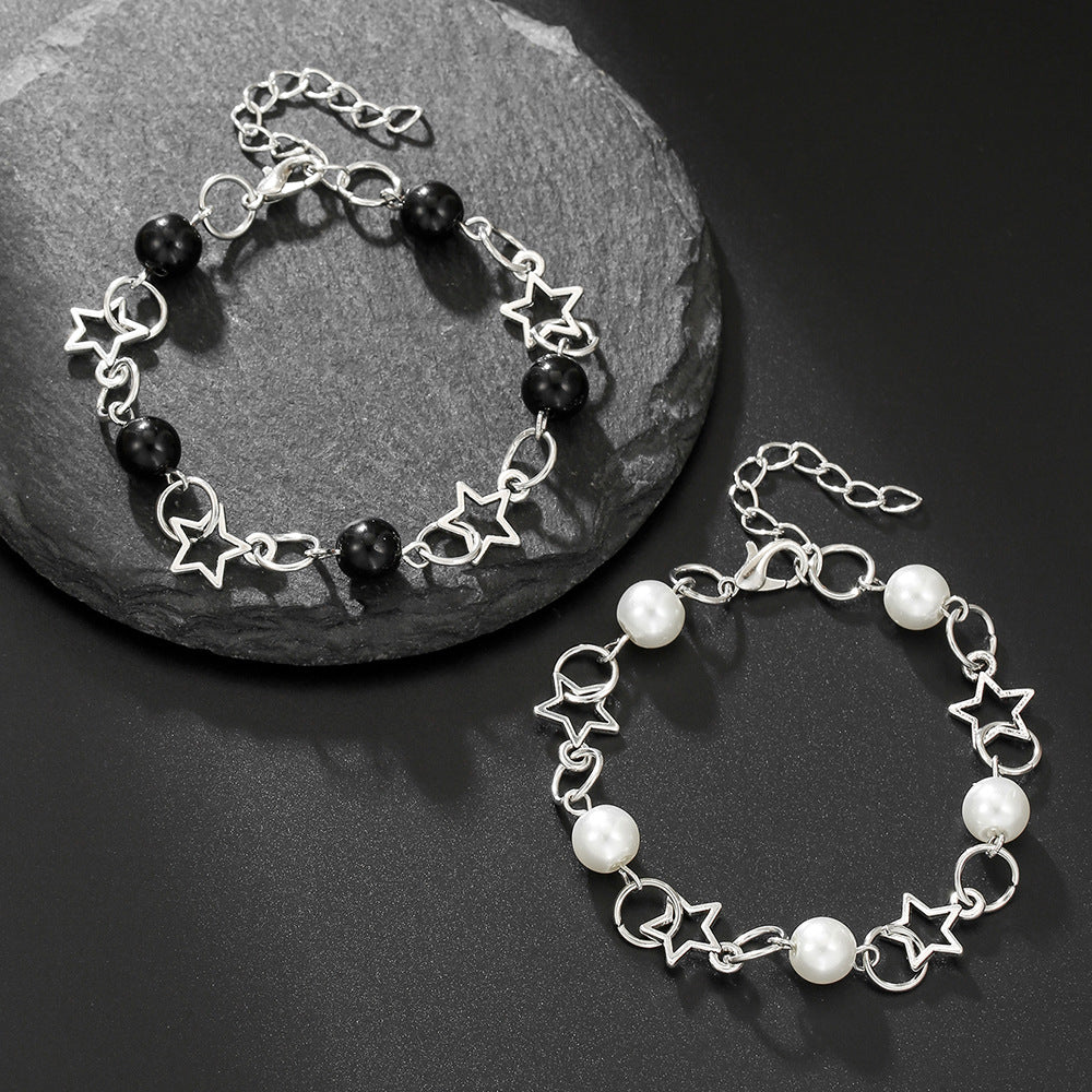 Cross-border hot-selling hollow five-pointed star imitation pearl black agate splicing bracelet women's simple temperament couple girlfriend bracelet