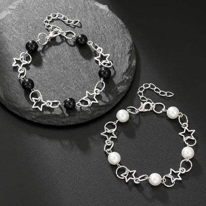 Cross-border hot-selling hollow five-pointed star imitation pearl black agate splicing bracelet women's simple temperament couple girlfriend bracelet
