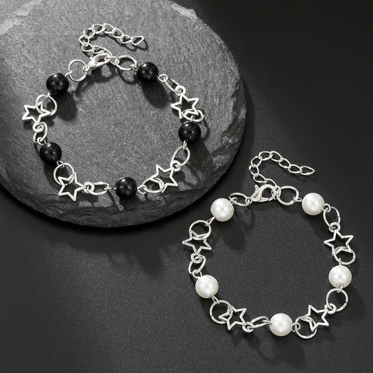 Cross-border hot-selling hollow five-pointed star imitation pearl black agate splicing bracelet women's simple temperament couple girlfriend bracelet
