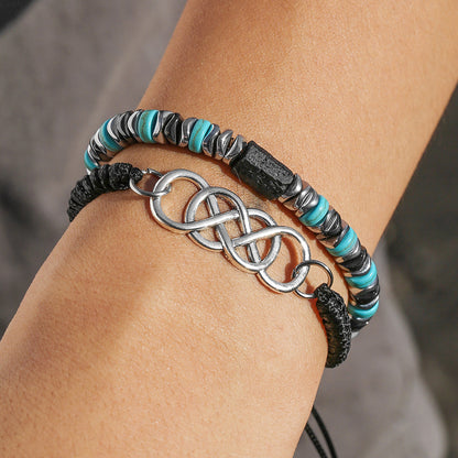 Fashion Vacation Style Double Layer Stacked Elastic Braided Bracelet Combination Men's Summer Vacation Turquoise Adjustable Bracelet