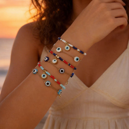 European and American niche trendy jewelry eye sky beaded bracelet light luxury niche multi-layer stacked rice bead bracelet