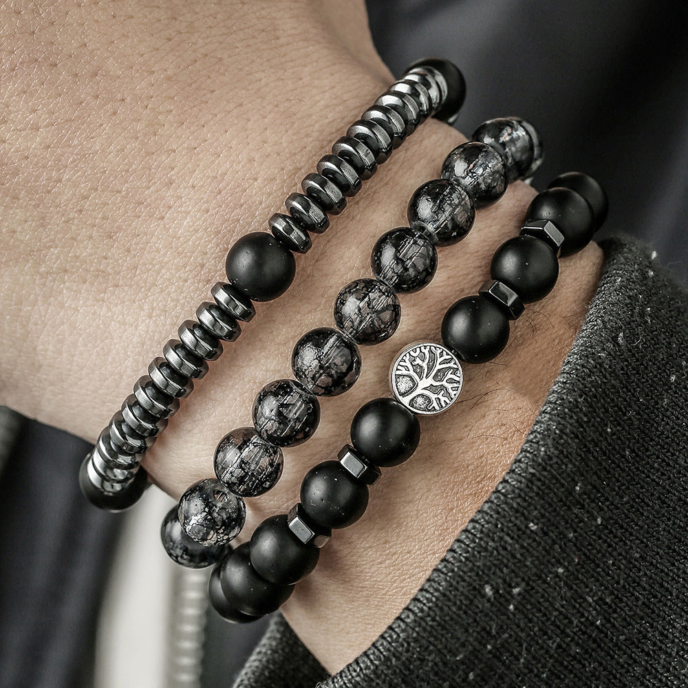 Cross-border new bohemian black gallstone matte bead bracelet set retro multi-layer stacked tree of life bracelet