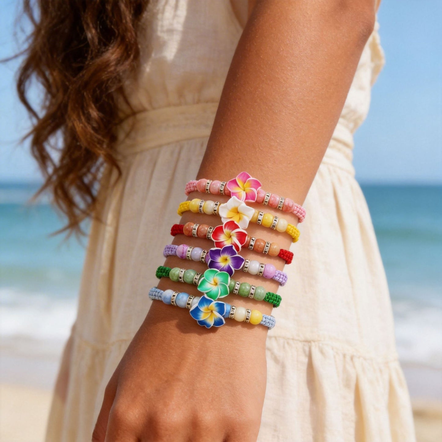 Cross-border hot-selling sweet and cute soft pottery flower bracelet, hand-woven hand rope, fashionable and simple adjustable bracelet combination