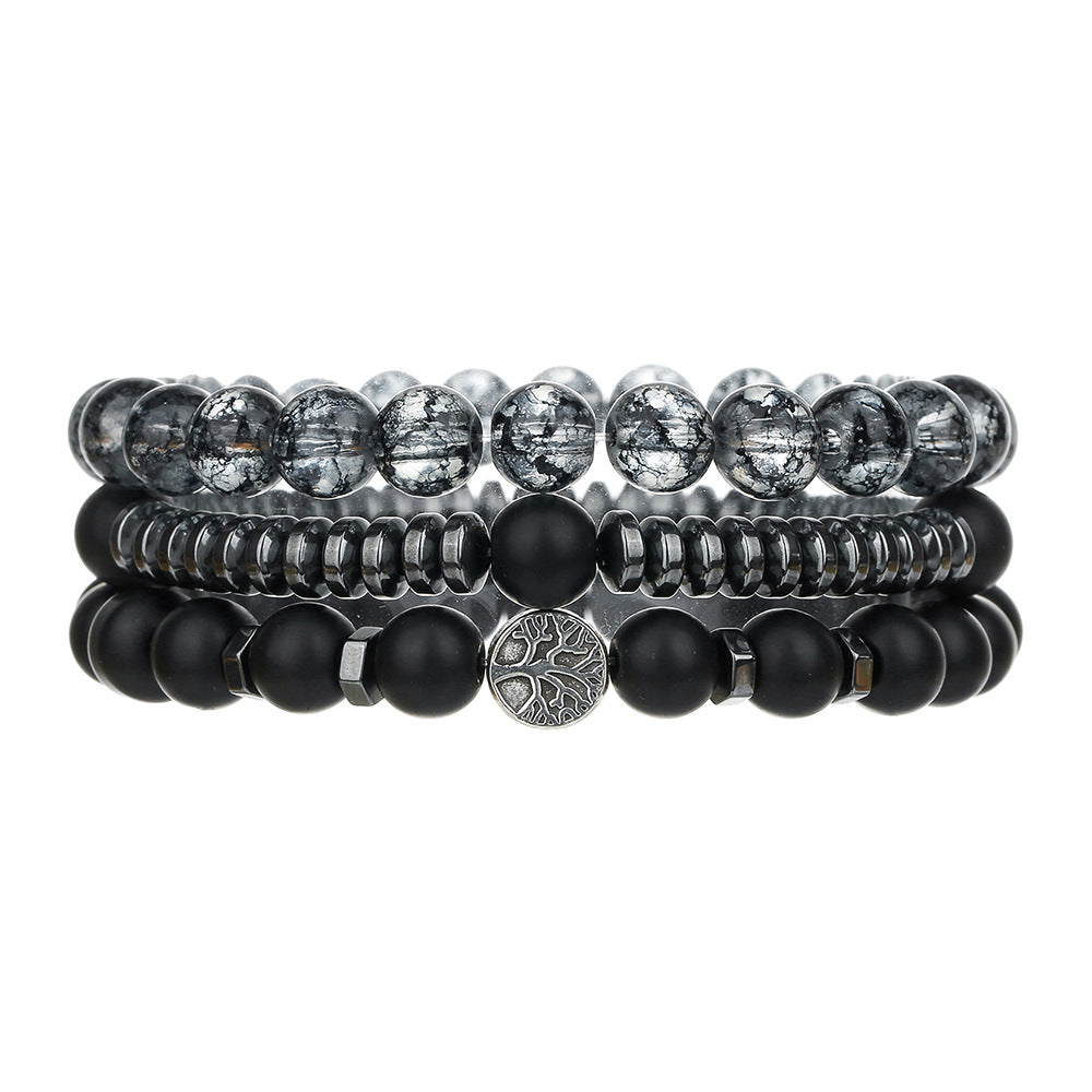 Cross-border new bohemian black gallstone matte bead bracelet set retro multi-layer stacked tree of life bracelet