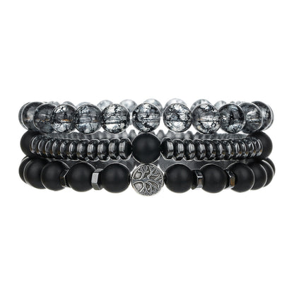 Cross-border new bohemian black gallstone matte bead bracelet set retro multi-layer stacked tree of life bracelet